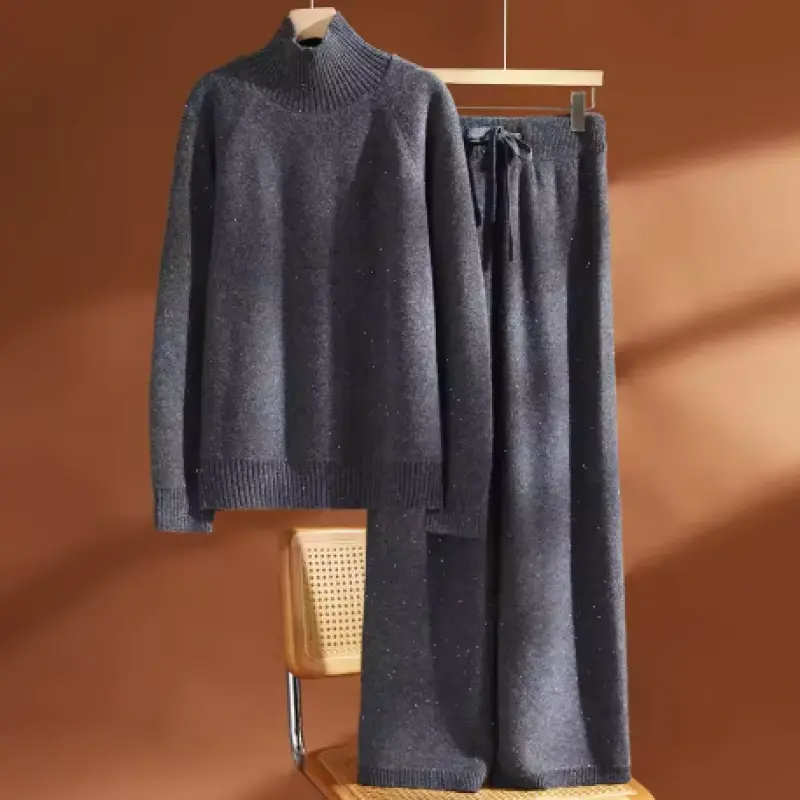 ADDONEE Autumn Winter Thick Women's 100% Wool Sweater Pants Set Sequins Turtleneck Pullover Wide Leg Pants Casual Knitwear